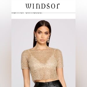 *Windsor* Gold Beaded Sparkle Sheer Crop Top